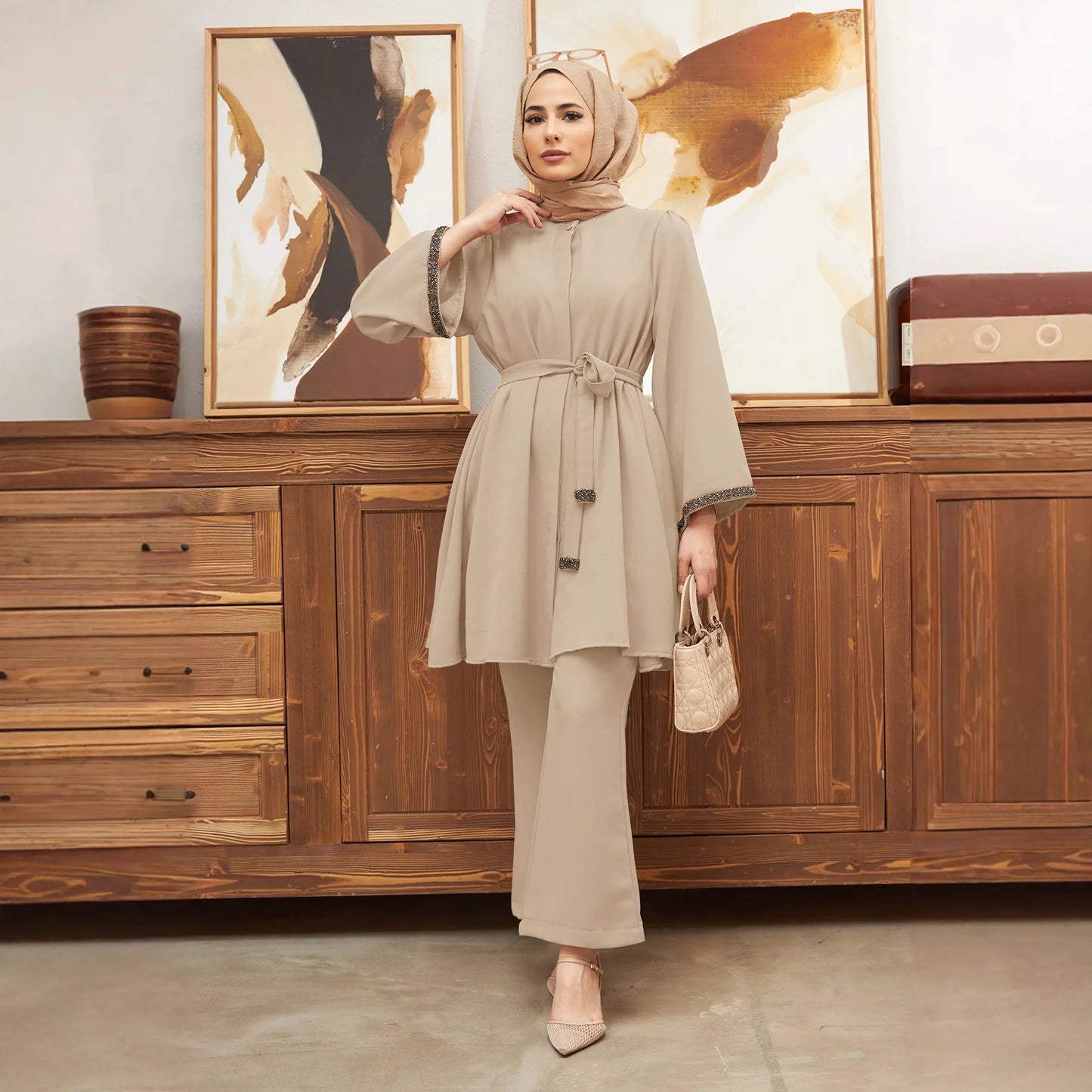 Eid Mubarak Abaya Turkey Hijab Two-piece Muslim Sets Dress Caftan Kaftans Islam Clothing 2 Piece Set Women Loose Wide Leg Pants