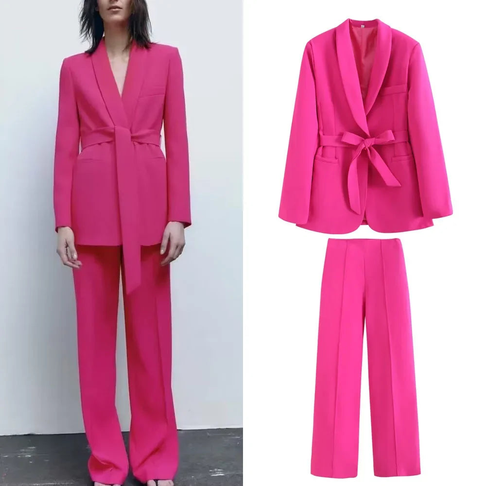 Street Style Spring Autumn Women's Clothing New Beltgown Small Suit Jacket+Casual Pants Suit Chinese Mainland Origin