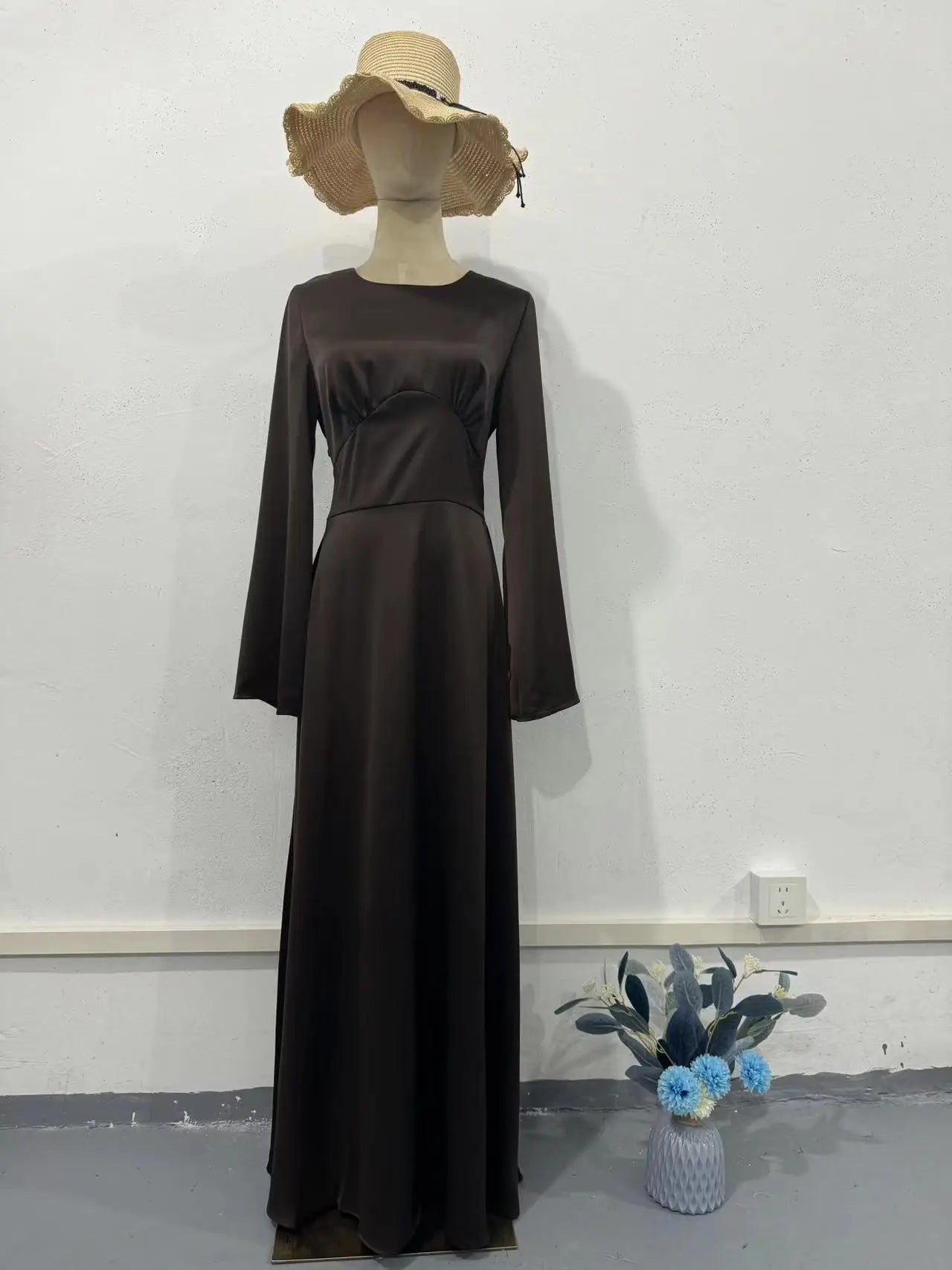 New in Summer Dress Women Fashion Solid Color Satin Dress Women High Neck Long Sleeve High Waist Tie Up Elegant Slim Maxi Dress