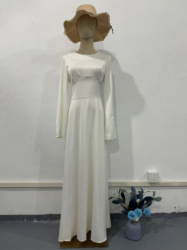 New in Summer Dress Women Fashion Solid Color Satin Dress Women High Neck Long Sleeve High Waist Tie Up Elegant Slim Maxi Dress