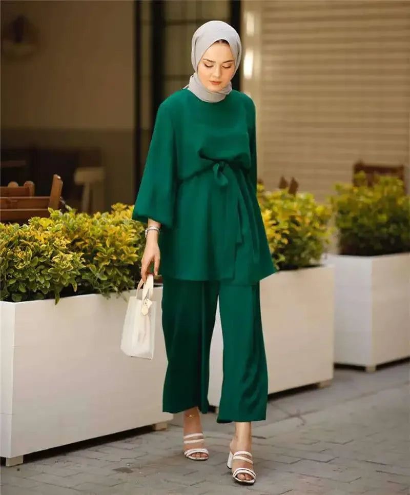 Eid Mubarak Abaya Turkey Hijab Two-piece Muslim Sets Dress Caftan Kaftans Islam Clothing 2 Piece Set Women Loose Wide Leg Pants