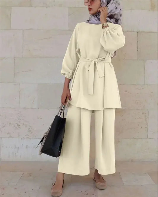 Eid Mubarak Abaya Turkey Hijab Two-piece Muslim Sets Dress Caftan Kaftans Islam Clothing 2 Piece Set Women Loose Wide Leg Pants