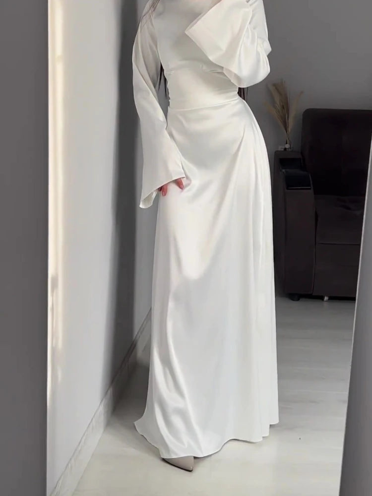 New in Summer Dress Women Fashion Solid Color Satin Dress Women High Neck Long Sleeve High Waist Tie Up Elegant Slim Maxi Dress