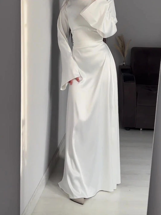 New in Summer Dress Women Fashion Solid Color Satin Dress Women High Neck Long Sleeve High Waist Tie Up Elegant Slim Maxi Dress