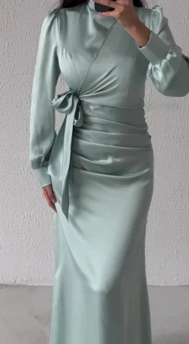 Dress Women Autumn Fashion Solid Color Satin Dress Women High Neck Long Sleeve High Waist Tie Up Elegant Slim Maxi Dress