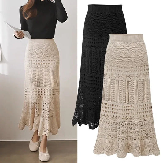 Summer Pure Desire Large Size Women's Thin Hollow Knitted Mid-Length High Waist Fish Tail Bodycon Skirt Half-length Skirt