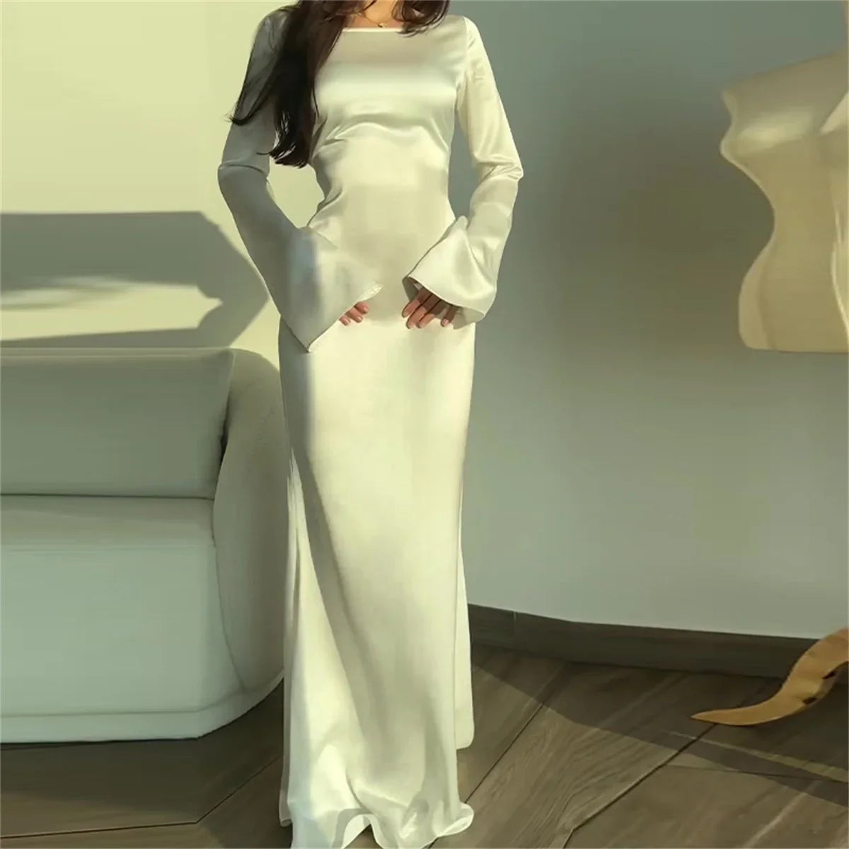 2025 New Elegant Long Dresses Fashion Vintage Simple Round Neck Satin Flare Sleeve Lace Up Slim Evening Party Women Sexy Dress