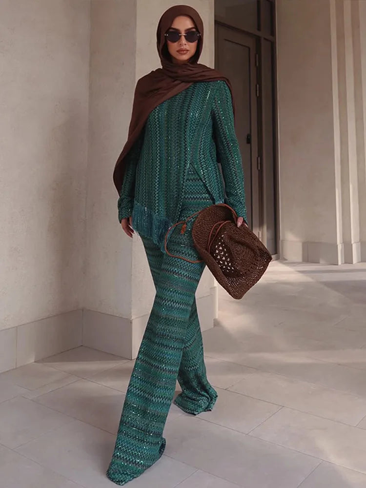 Casual Pants Suits Women Loose O Neck Long Sleeves Tassels Split Pullover Sets Female 2025 Summer Fashion Chic Elastic Waist Set