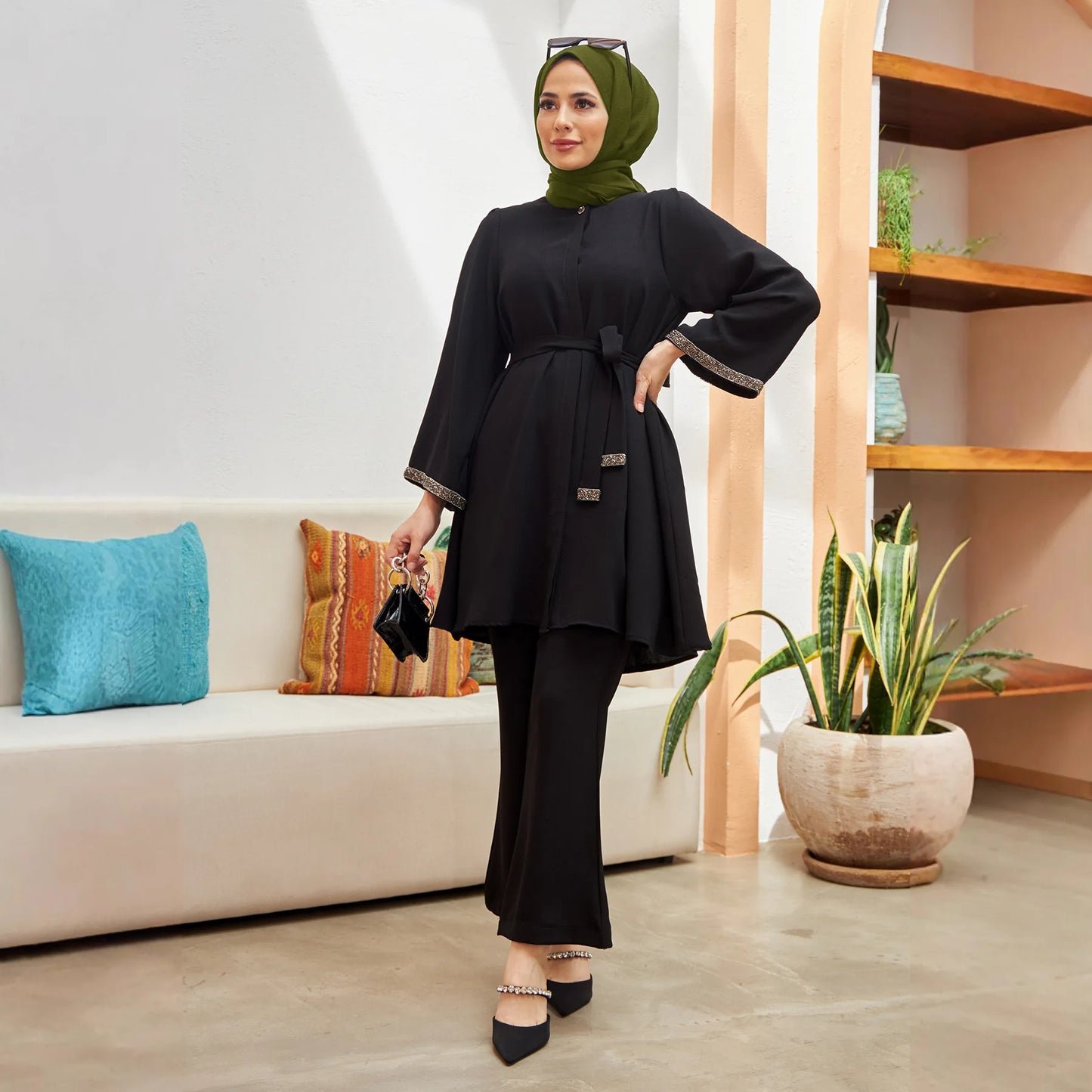 Eid Mubarak Abaya Turkey Hijab Two-piece Muslim Sets Dress Caftan Kaftans Islam Clothing 2 Piece Set Women Loose Wide Leg Pants
