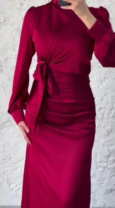 Dress Women Autumn Fashion Solid Color Satin Dress Women High Neck Long Sleeve High Waist Tie Up Elegant Slim Maxi Dress