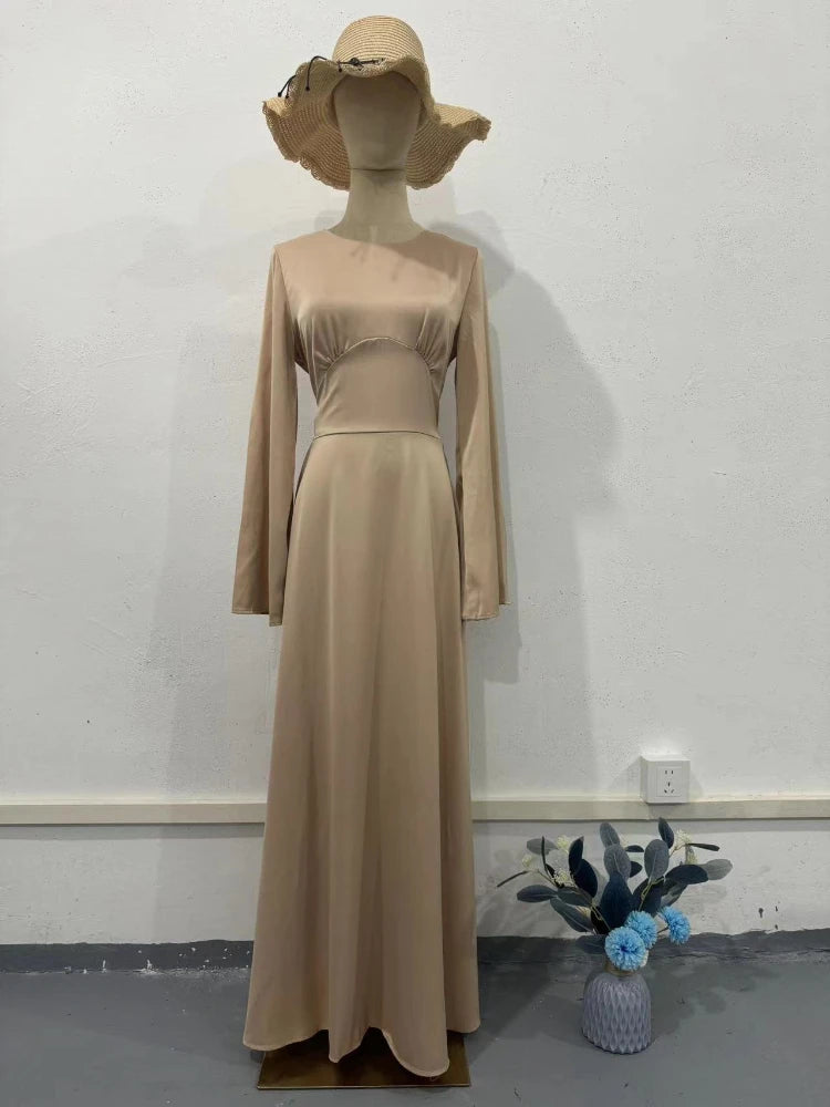 New in Summer Dress Women Fashion Solid Color Satin Dress Women High Neck Long Sleeve High Waist Tie Up Elegant Slim Maxi Dress