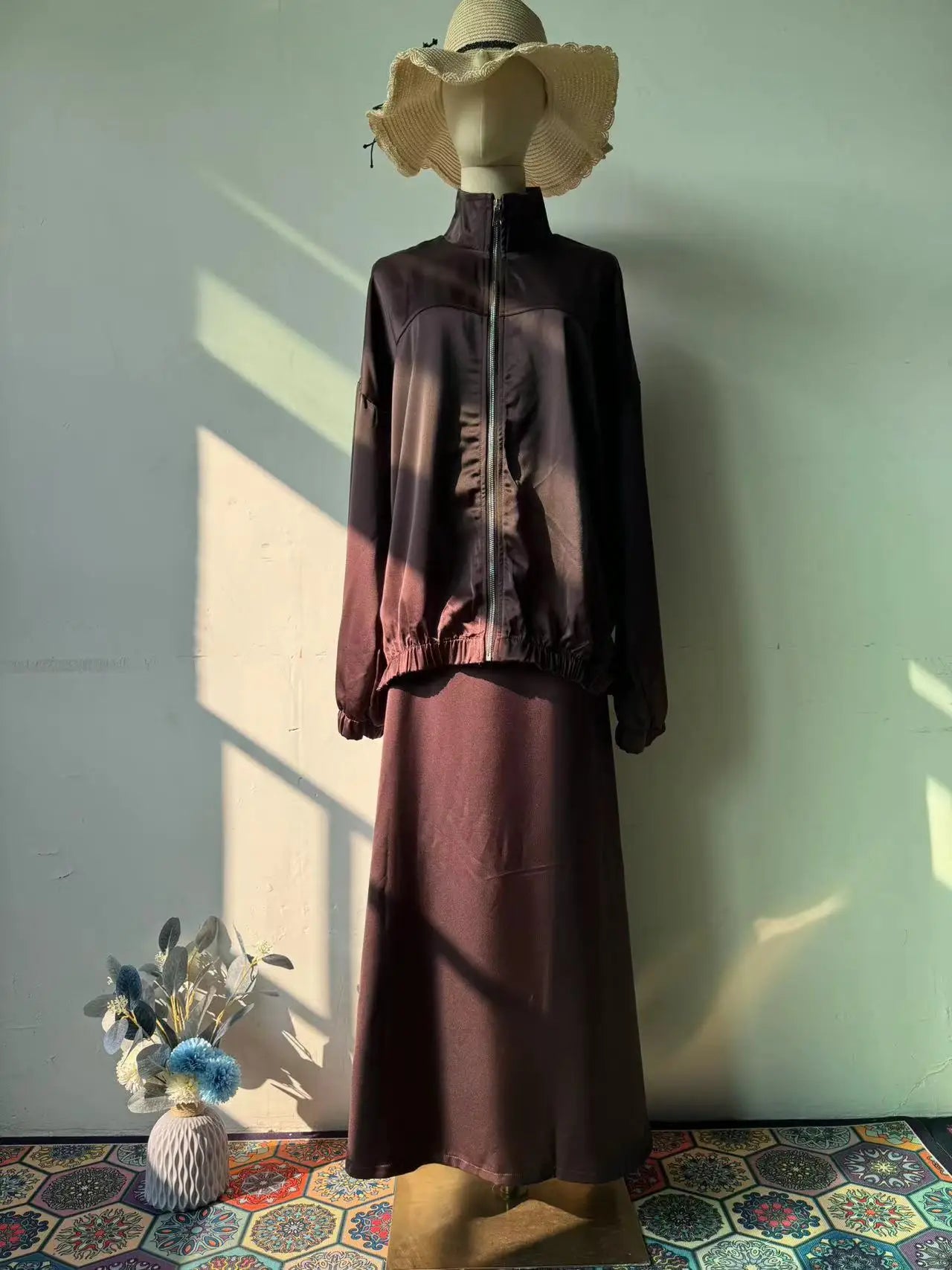 Causal Satin Women 2 Piece Set Long Sleeve Zipper Jacket and Long Skirt Suit Ensemble Muslim Arab Dubai Kaftan Vestidos Outfits