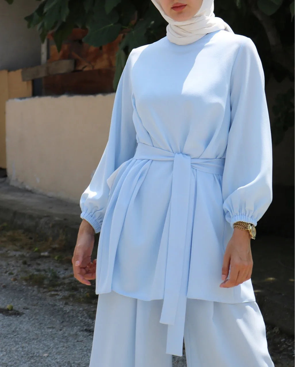 Eid Muslim Two Piece Set Islam Women Lace Up Blouse And Wide Leg Pants Suits Spring Autumn Lady Sets Solid Color Casual Outfits