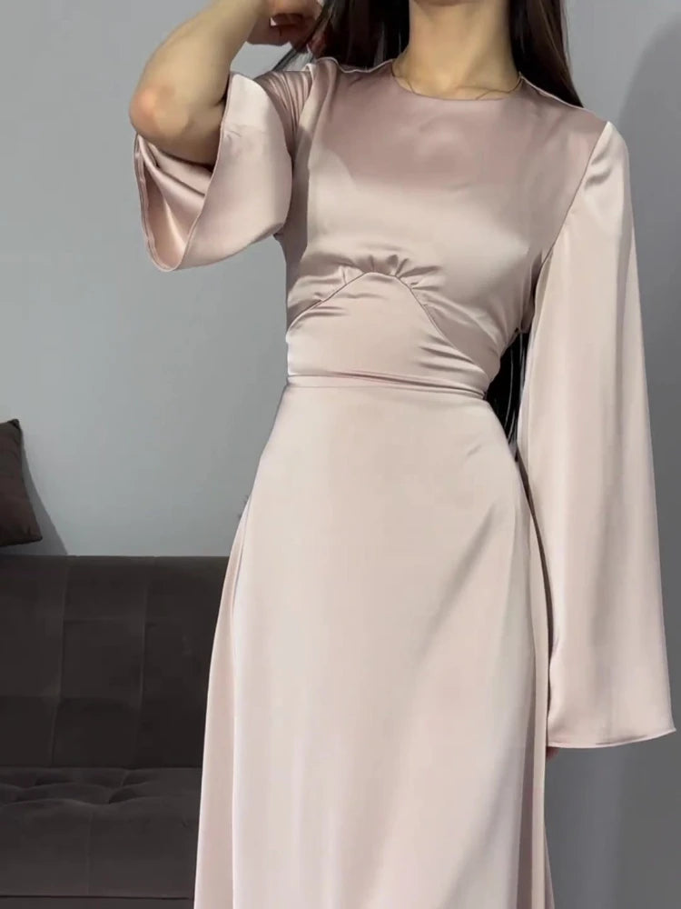 New in Summer Dress Women Fashion Solid Color Satin Dress Women High Neck Long Sleeve High Waist Tie Up Elegant Slim Maxi Dress