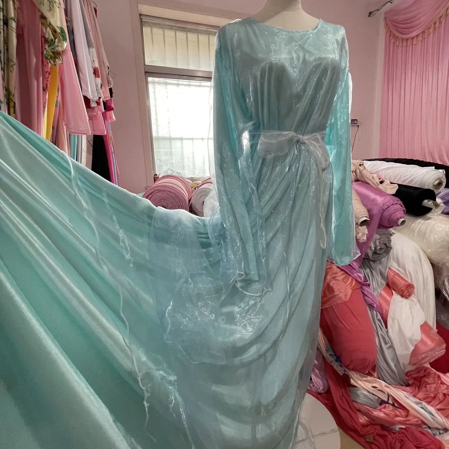 Double Layers Satin Glossy Women Long Sleeve Loose Maxi Dress Plus Size Sexy Sleeping Robe