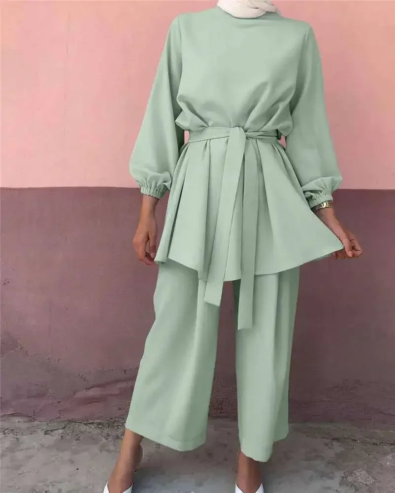 Eid Mubarak Abaya Turkey Hijab Two-piece Muslim Sets Dress Caftan Kaftans Islam Clothing 2 Piece Set Women Loose Wide Leg Pants