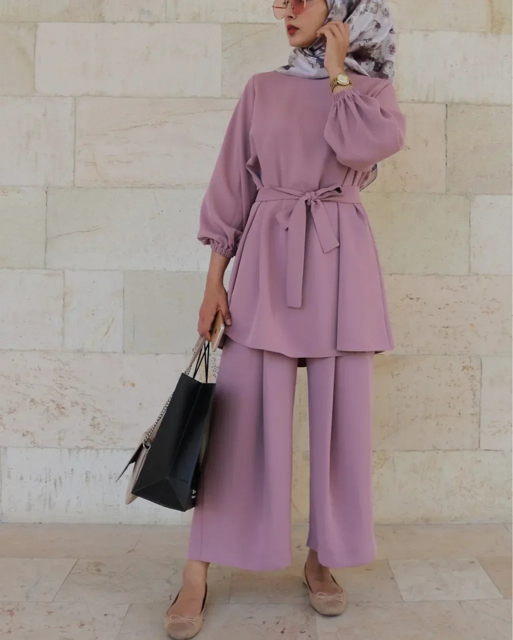 Eid Mubarak Abaya Turkey Hijab Two-piece Muslim Sets Dress Caftan Kaftans Islam Clothing 2 Piece Set Women Loose Wide Leg Pants