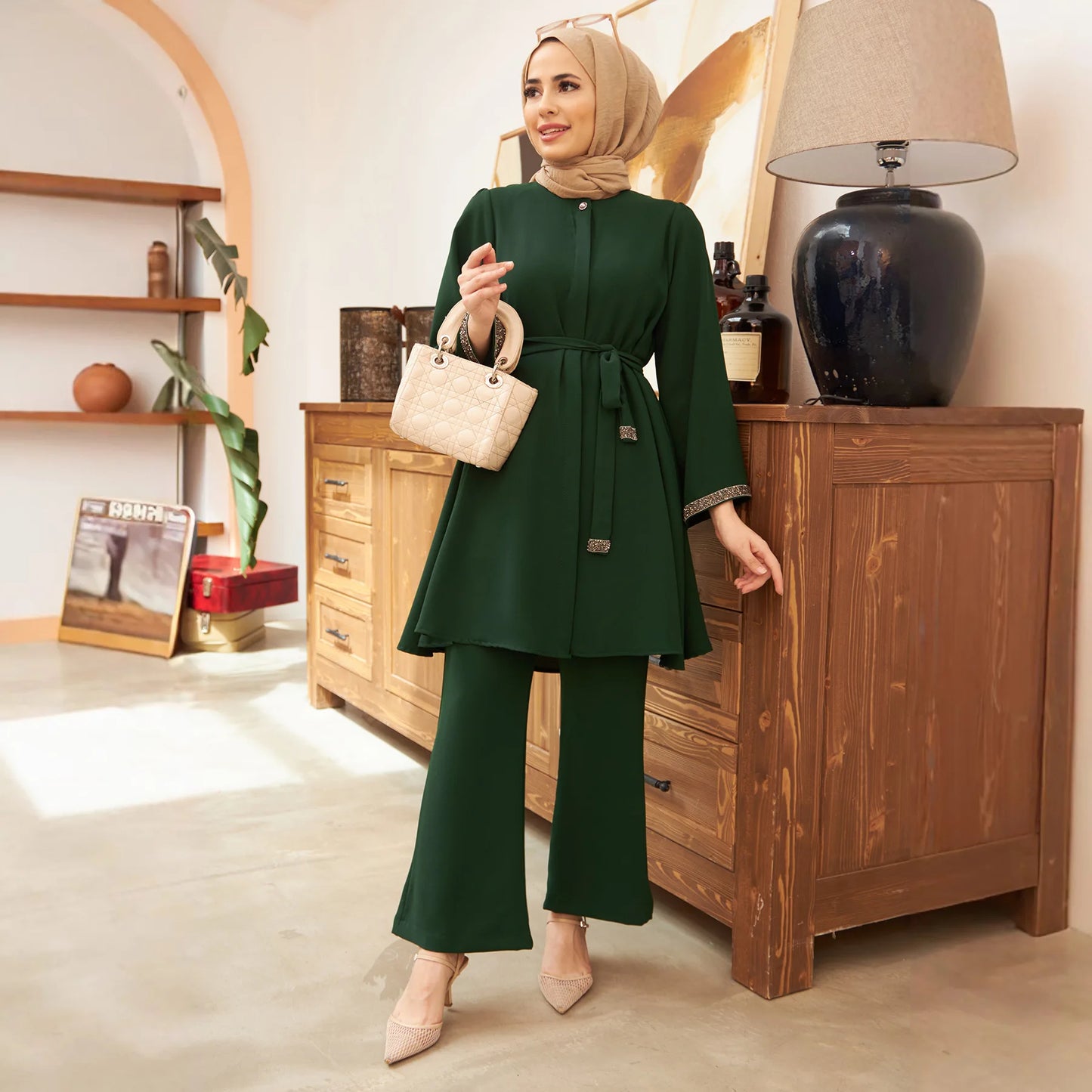 Eid Mubarak Abaya Turkey Hijab Two-piece Muslim Sets Dress Caftan Kaftans Islam Clothing 2 Piece Set Women Loose Wide Leg Pants