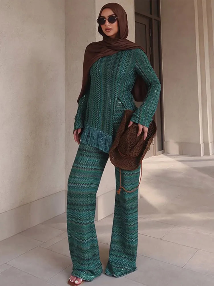 Casual Pants Suits Women Loose O Neck Long Sleeves Tassels Split Pullover Sets Female 2025 Summer Fashion Chic Elastic Waist Set