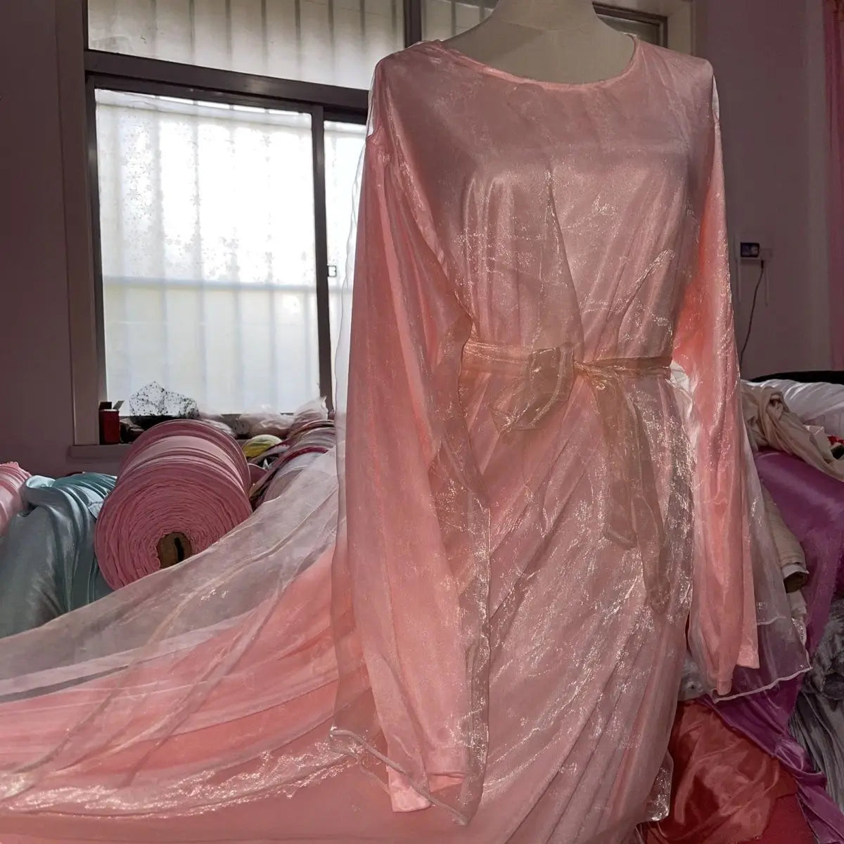 Double Layers Satin Glossy Women Long Sleeve Loose Maxi Dress Plus Size Sexy Sleeping Robe