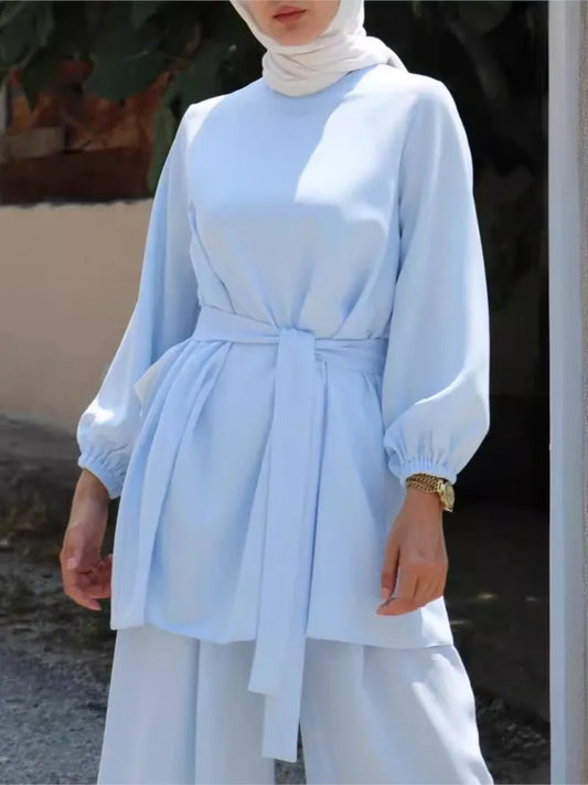 Eid Muslim Two Piece Set Islam Women Lace Up Blouse And Wide Leg Pants Suits Spring Autumn Lady Sets Solid Color Casual Outfits