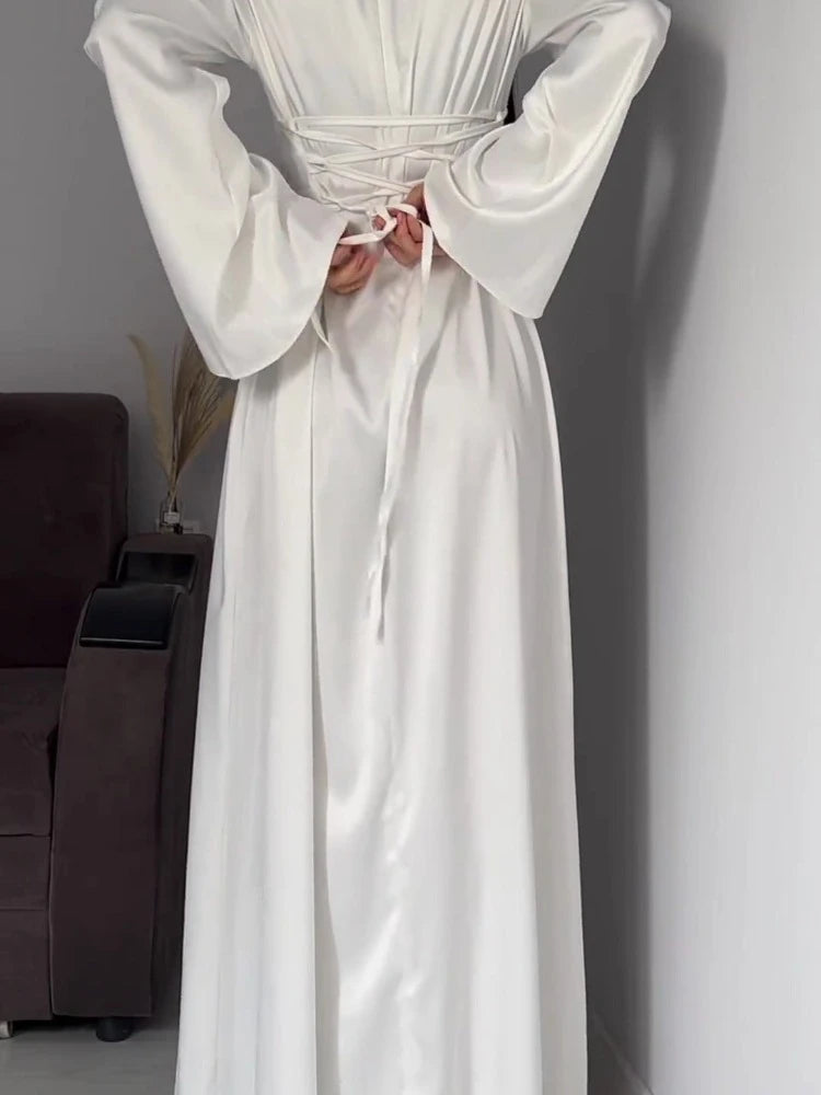 New in Summer Dress Women Fashion Solid Color Satin Dress Women High Neck Long Sleeve High Waist Tie Up Elegant Slim Maxi Dress