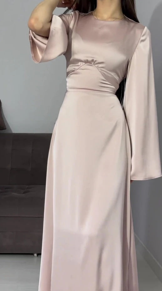 Dress Women Autumn Fashion Solid Color Satin Dress Women High Neck Long Sleeve High Waist Tie Up Elegant Slim Maxi Dress
