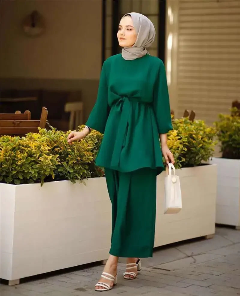 Eid Mubarak Abaya Turkey Hijab Two-piece Muslim Sets Dress Caftan Kaftans Islam Clothing 2 Piece Set Women Loose Wide Leg Pants