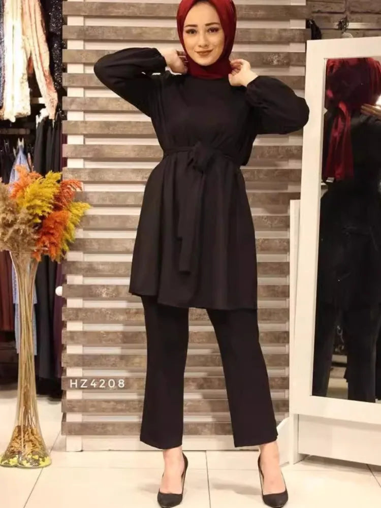 Eid Muslim Two Piece Set Islam Women Lace Up Blouse And Wide Leg Pants Suits Spring Autumn Lady Sets Solid Color Casual Outfits