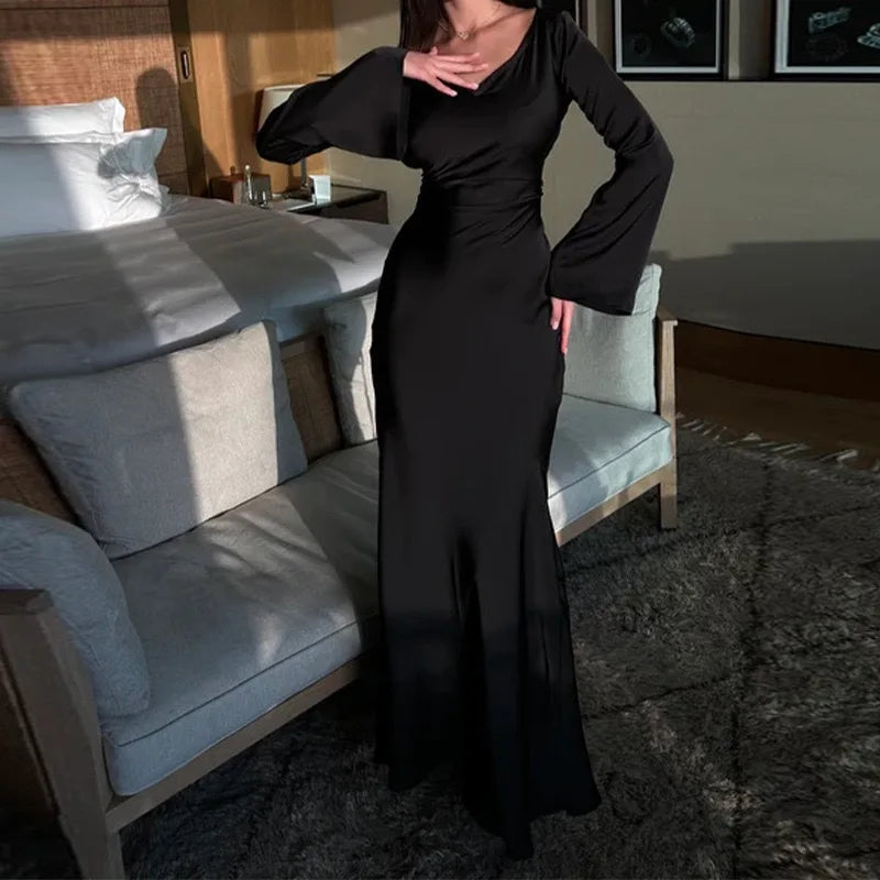 2025 Spring Autumn Satin Long Dress Women Solid Flare Sleeve Lace Up Elegant Dresses Female Evening Party Clothes Ladies Vestido
