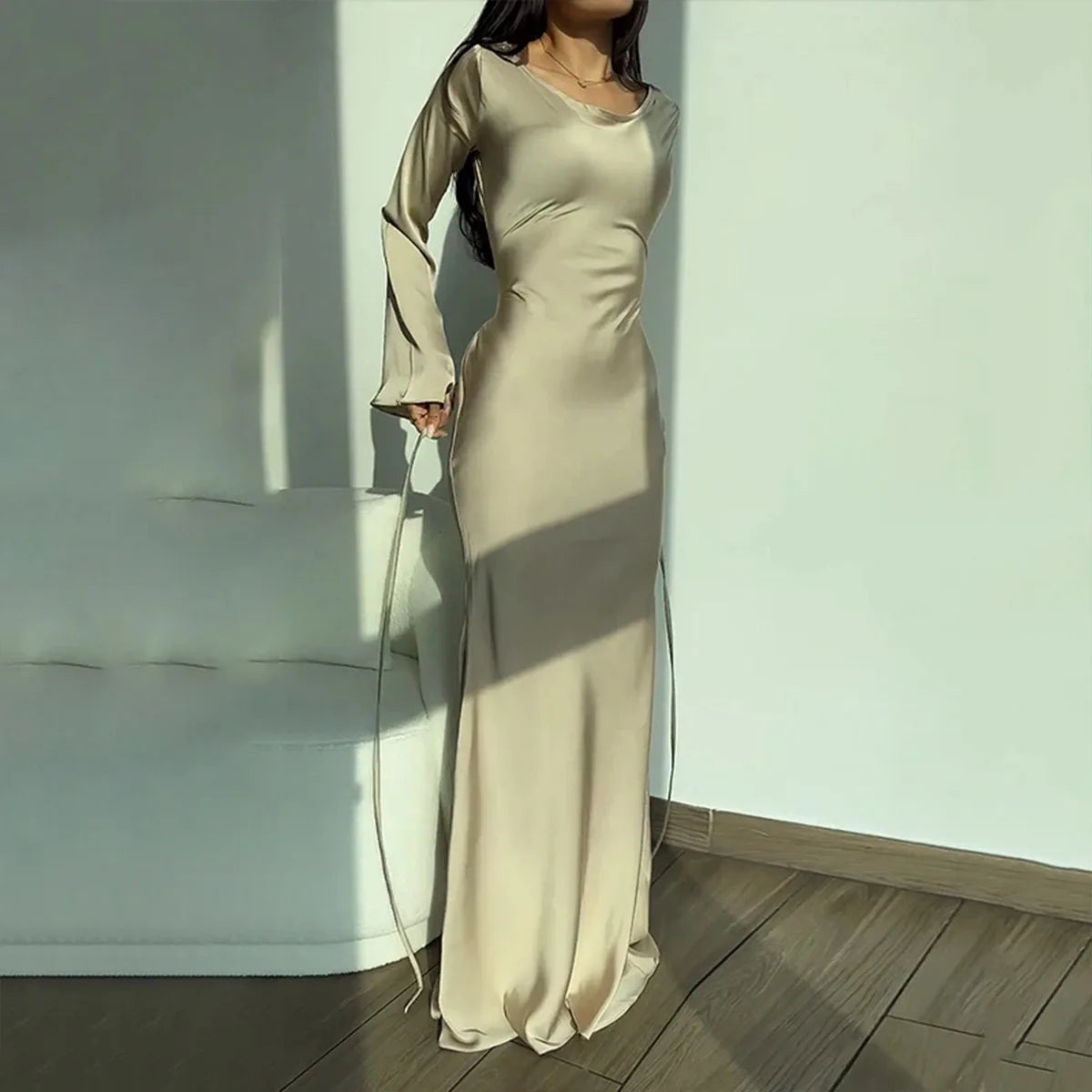2025 Spring Autumn Satin Long Dress Women Solid Flare Sleeve Lace Up Elegant Dresses Female Evening Party Clothes Ladies Vestido