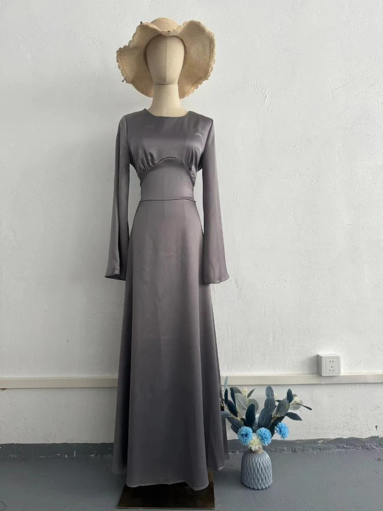 New in Summer Dress Women Fashion Solid Color Satin Dress Women High Neck Long Sleeve High Waist Tie Up Elegant Slim Maxi Dress