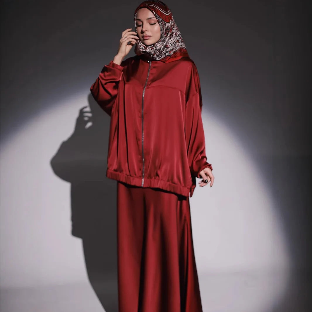 Causal Satin Women 2 Piece Set Long Sleeve Zipper Jacket and Long Skirt Suit Ensemble Muslim Arab Dubai Kaftan Vestidos Outfits