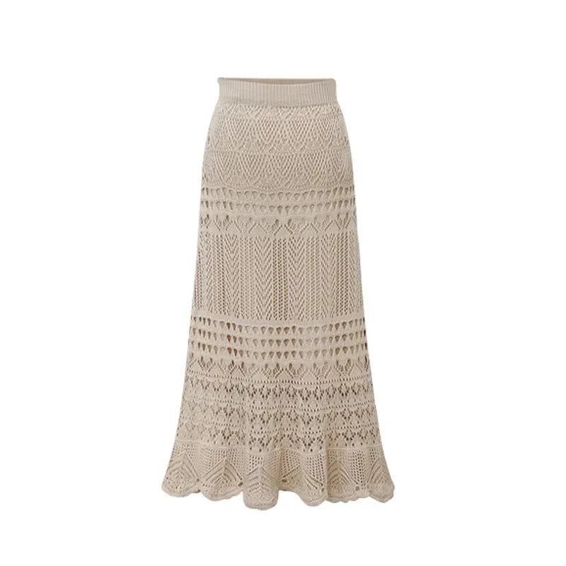 Summer Pure Desire Large Size Women's Thin Hollow Knitted Mid-Length High Waist Fish Tail Bodycon Skirt Half-length Skirt