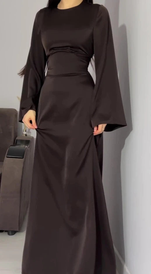 Dress Women Autumn Fashion Solid Color Satin Dress Women High Neck Long Sleeve High Waist Tie Up Elegant Slim Maxi Dress