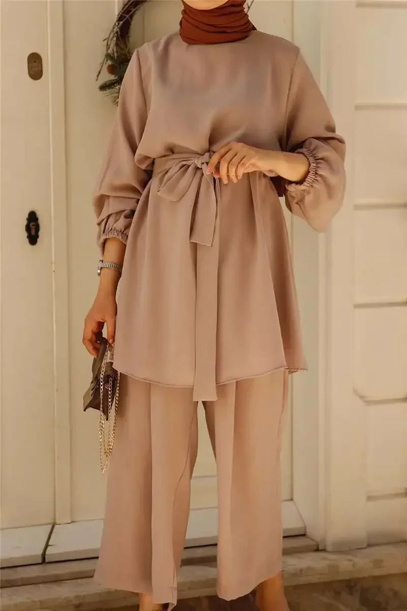 Eid Mubarak Abaya Turkey Hijab Two-piece Muslim Sets Dress Caftan Kaftans Islam Clothing 2 Piece Set Women Loose Wide Leg Pants