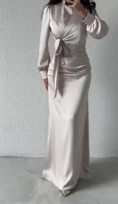 Dress Women Autumn Fashion Solid Color Satin Dress Women High Neck Long Sleeve High Waist Tie Up Elegant Slim Maxi Dress