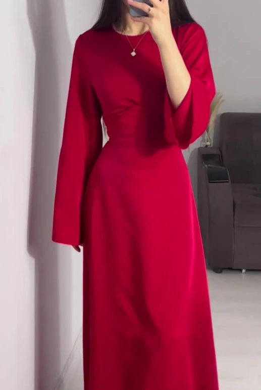 Dress Women Autumn Fashion Solid Color Satin Dress Women High Neck Long Sleeve High Waist Tie Up Elegant Slim Maxi Dress