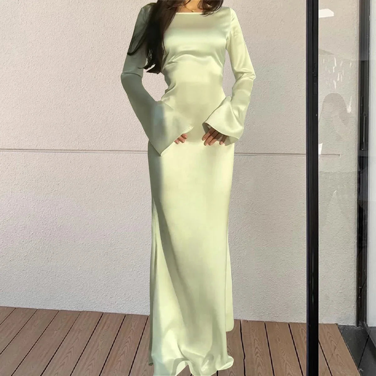 2025 New Elegant Long Dresses Fashion Vintage Simple Round Neck Satin Flare Sleeve Lace Up Slim Evening Party Women Sexy Dress