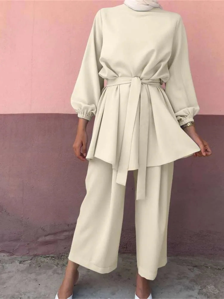 Eid Muslim Two Piece Set Islam Women Lace Up Blouse And Wide Leg Pants Suits Spring Autumn Lady Sets Solid Color Casual Outfits