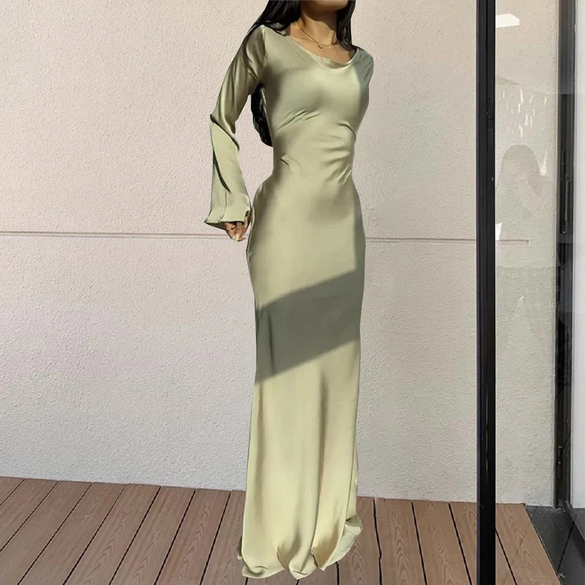 2025 New Elegant Long Dresses Fashion Vintage Simple Round Neck Satin Flare Sleeve Lace Up Slim Evening Party Women Sexy Dress