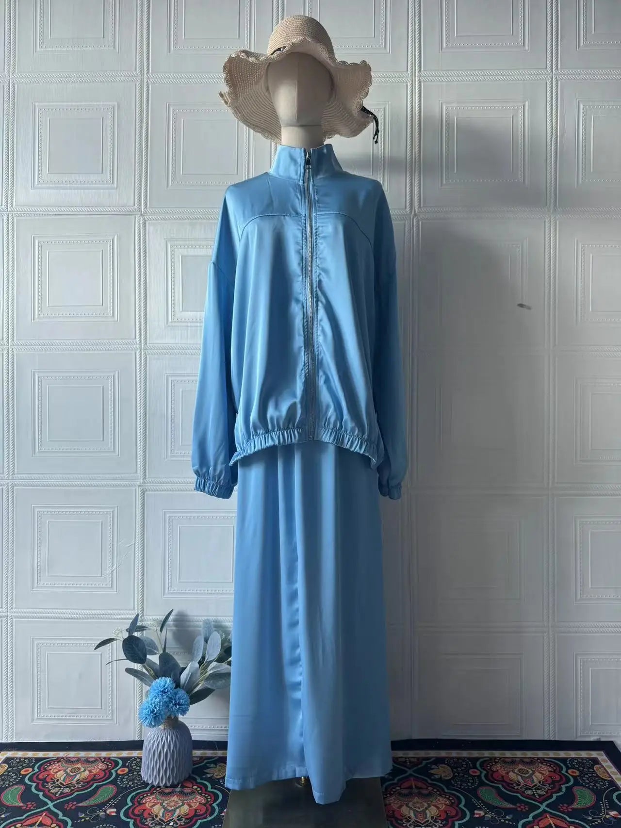 Causal Satin Women 2 Piece Set Long Sleeve Zipper Jacket and Long Skirt Suit Ensemble Muslim Arab Dubai Kaftan Vestidos Outfits