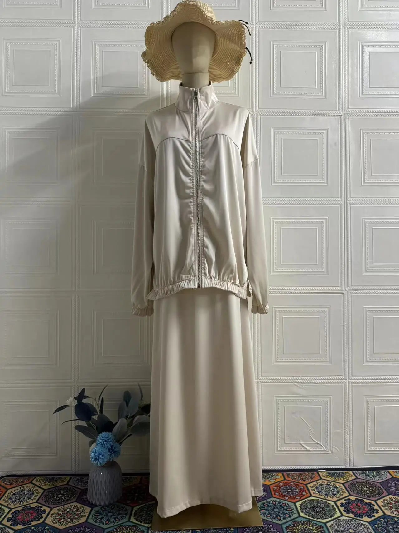 Causal Satin Women 2 Piece Set Long Sleeve Zipper Jacket and Long Skirt Suit Ensemble Muslim Arab Dubai Kaftan Vestidos Outfits