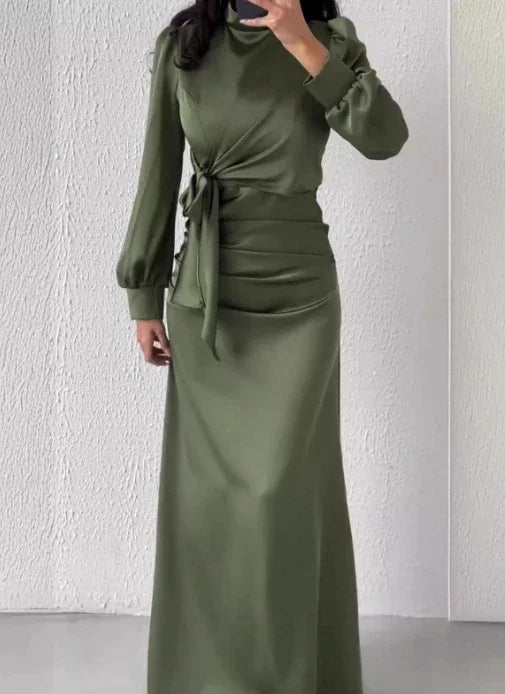 Dress Women Autumn Fashion Solid Color Satin Dress Women High Neck Long Sleeve High Waist Tie Up Elegant Slim Maxi Dress