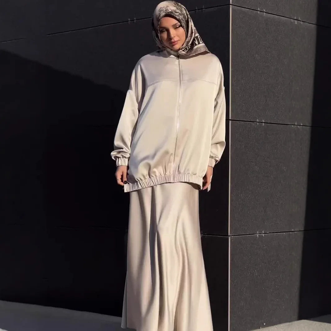 Causal Satin Women 2 Piece Set Long Sleeve Zipper Jacket and Long Skirt Suit Ensemble Muslim Arab Dubai Kaftan Vestidos Outfits