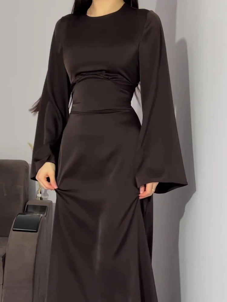 New in Summer Dress Women Fashion Solid Color Satin Dress Women High Neck Long Sleeve High Waist Tie Up Elegant Slim Maxi Dress