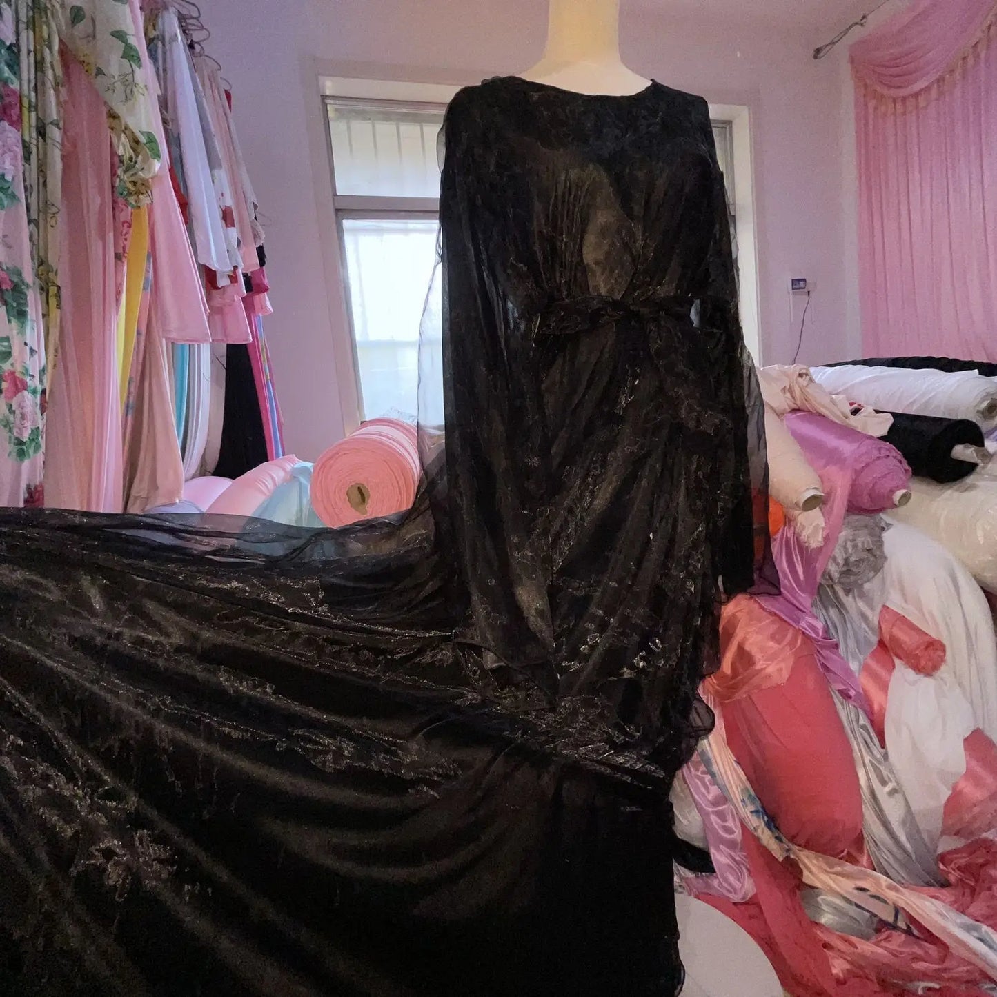 Double Layers Satin Glossy Women Long Sleeve Loose Maxi Dress Plus Size Sexy Sleeping Robe