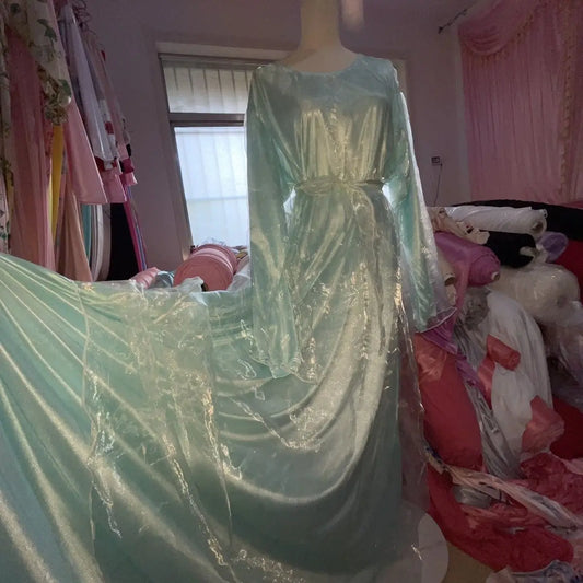 Double Layers Satin Glossy Women Long Sleeve Loose Maxi Dress Plus Size Sexy Sleeping Robe