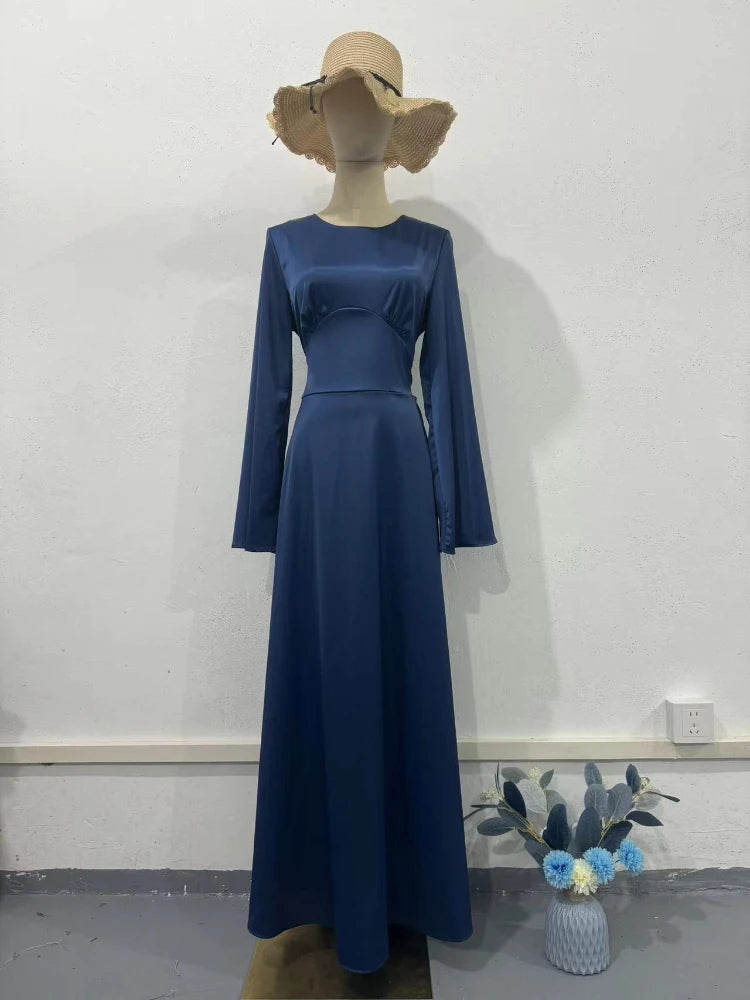 New in Summer Dress Women Fashion Solid Color Satin Dress Women High Neck Long Sleeve High Waist Tie Up Elegant Slim Maxi Dress