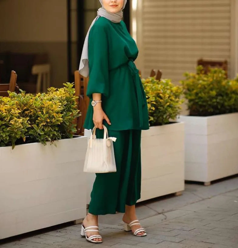 Eid Muslim Two Piece Set Islam Women Lace Up Blouse And Wide Leg Pants Suits Spring Autumn Lady Sets Solid Color Casual Outfits